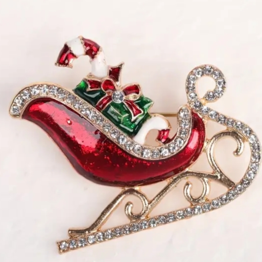 Christmas Holiday Festive Red Sleigh Rhinestones Business Work Church‎ Brooche